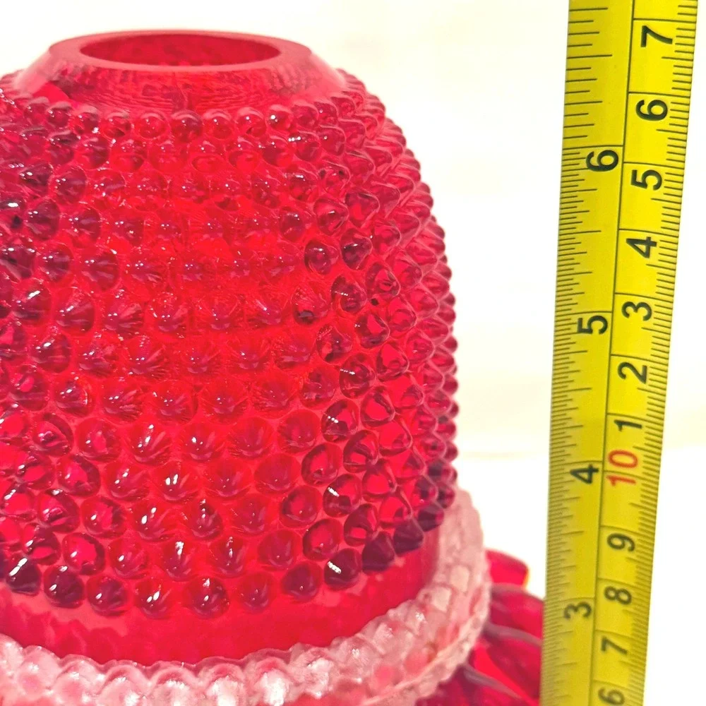 Vintage Fenton LG Wright Ruby Red Hobnail 3 Pc Fairy Lamp Ruffled UV Glow